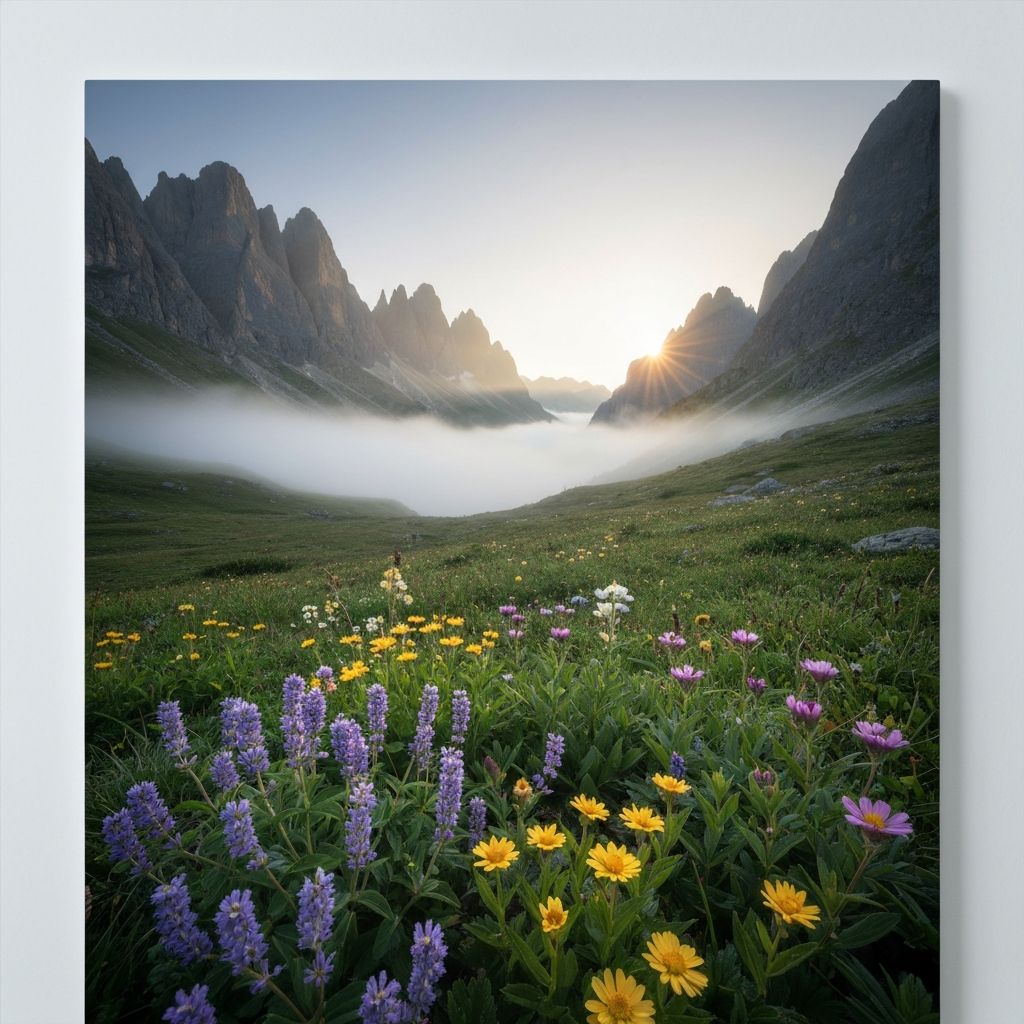 Nebelbedeckte Bergwiese